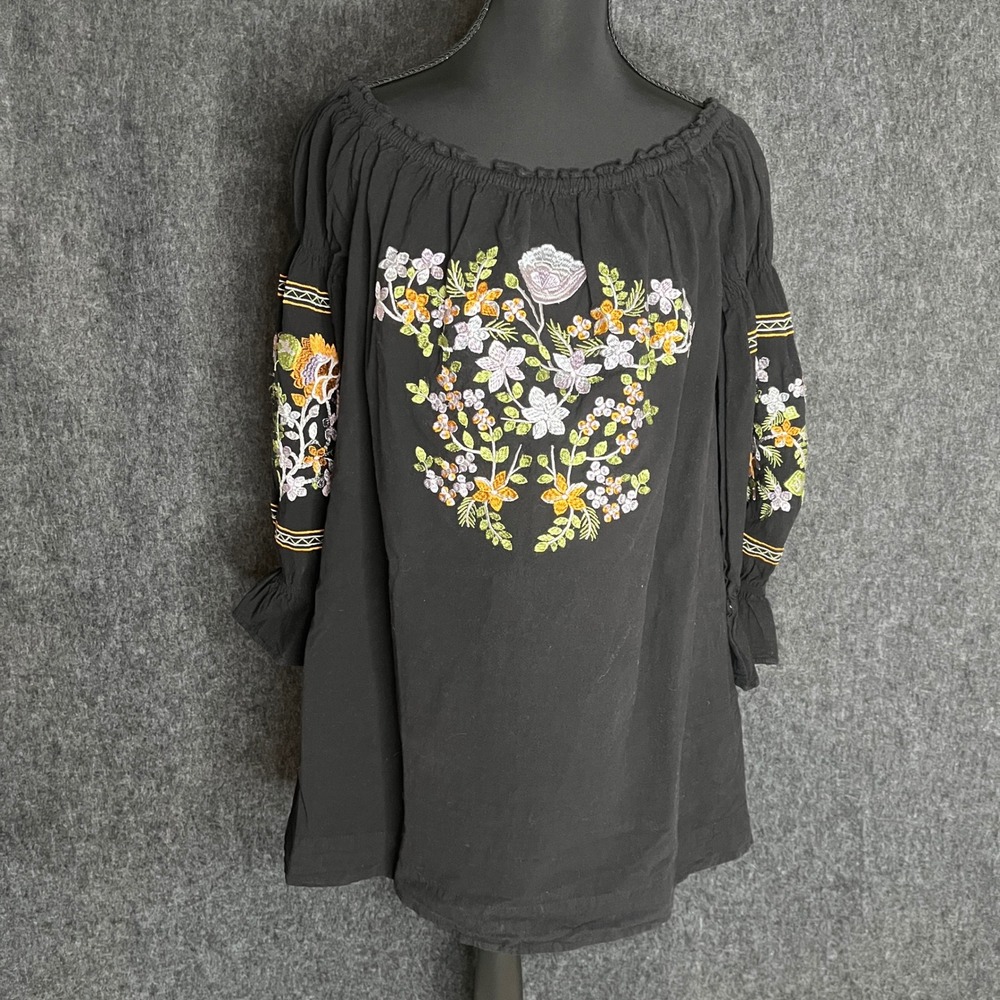 Giocam Black Cotton Floral Embroidered Off The Shoulder Peasant Blouse Sz M
